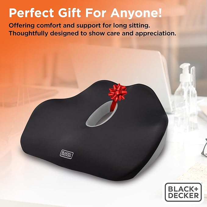 BLACK+DECKER Quilt Knit Car Foam Seat Cushion – Memory Foam Chair Cushion for Office, Car, Wheelchair & Airplane – Ergonomic, Non-Slip, Sciatic Pain Relief, Washable Cover