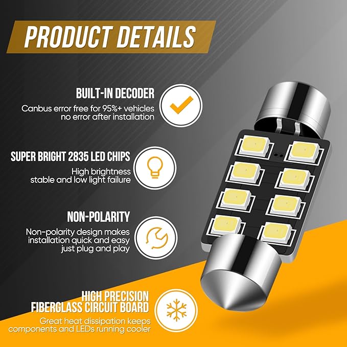 Audak Festoon LED Bulb 36mm 2835 8SMD Canbus Error Free Fit for Interior Dome Map Lights Door Courtesy Lights Trunk Lights License Plate Lights (Pack of 4)