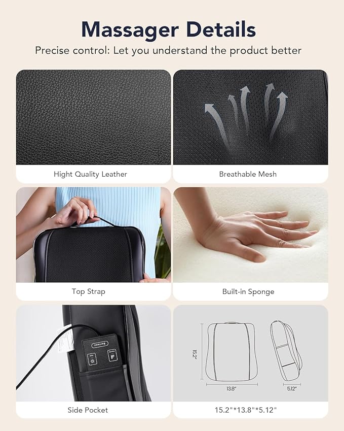 Boriwat Back Massager with Heat, Shiatsu 4D Kneading Rolling Up and Down Back Massage for Pain Relief Deep Tissue, Track-Guided Lower Back Massager for Lumbar, Shoulder, Gifts for Women Men Mom Dad