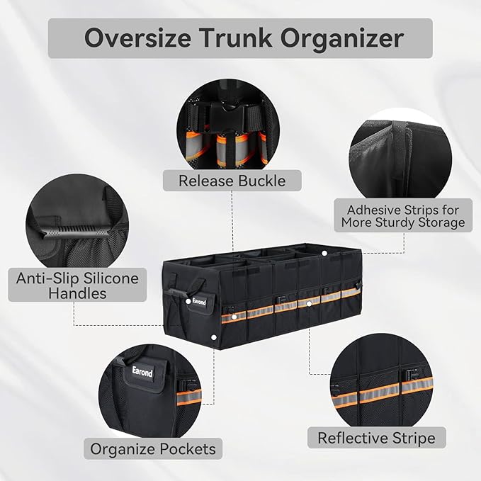 Car Trunk Organizer with Lid,Collapsible Car Storage Organizer with Multi Compartments and Securing Straps for SUV,Sedan,Jeep-Black