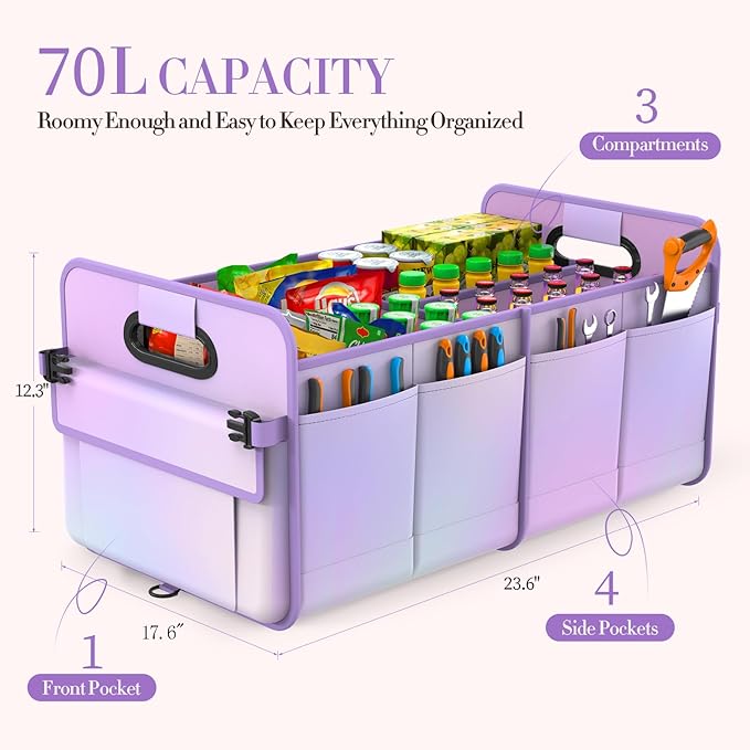 Trunk Organizer For Suv&Sedan,Car Organizers&Storage,Waterproof Collapsible & Adjustable Straps,70L Sturdy Car Organization for Car Accessories,Tools,Sundries,2-3Compartment(Colorful Purple)