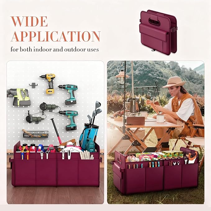 Trunk Organizer SUV, Car Organizers and Storage, NOT-FLIMSY ANTI-SLIDE 70L Spacious Collapsible Sturdy Trunk Organizer for Grocery/Car Accessories/Women Men's Gift, Wine Red