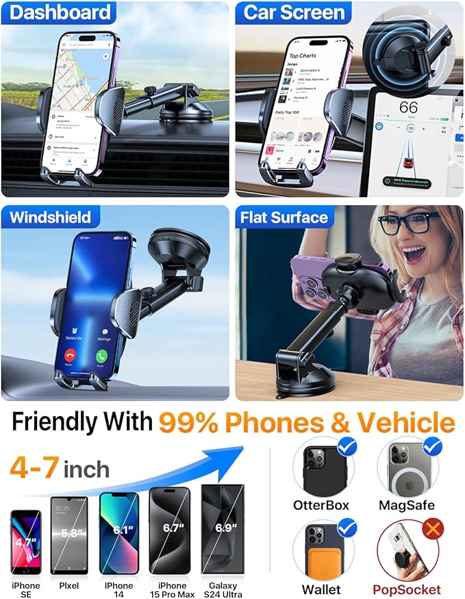YRU Upgraded Universal Car Phone Holder Mount【360°Rotatable & Strong Suction】 Cell Phone Car Dashboard Windshield Phone Holder Dash Vent Stand for iPhone 17 16 Pro Max Samsung Truck, Light Blue