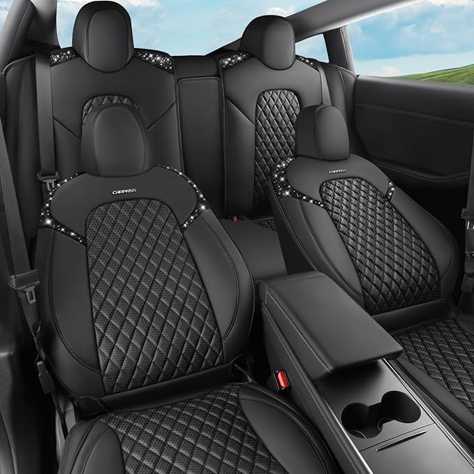 CAR PASS Car Seat Covers for Tesla Model 3 Nappa Leather Bling Diamond Car Seat Protector Full Coverage Airbag Compatible Custom Fit 2017 2018 2019 2020 2021 2022 2023 2024, Black Rhinestone Full Set