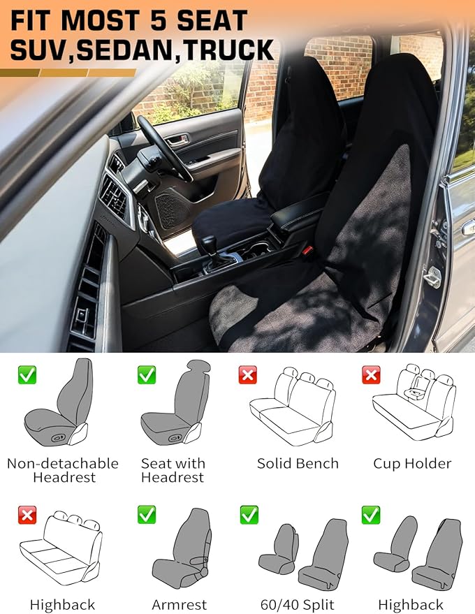 Universal Car Seat Cover Towel, Waterproof Washable Sweat Protection for Front Bucket Seats, Non-Slip Fit, Fits Cars SUVs Trucks, Ideal for Gym, Kids, Pets, Outdoor Sports, Travel (Black, 2 Pack)