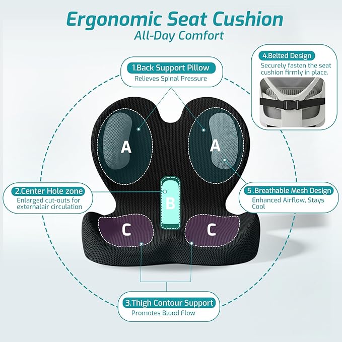Trucker Seat Cushion, Car Seat Cushions with Lumbar Support Pillow, Ergonomic L-Shaped One Piece Memory Foam Pad for Long Driving Back Pain Sciatica Relief, Drivers Office Workers (Black+Mesh Cloth)