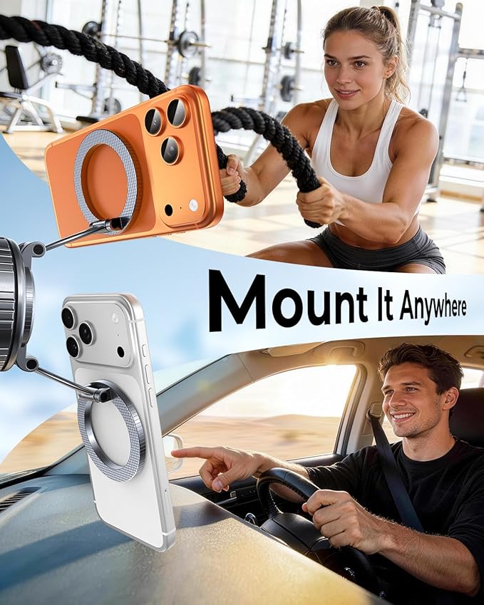 2026 Heavy-Duty Magnetic Phone Holder for Car, Ultra Strong Vacuum Suction Magsafe Car Mount with Full Metal Arm 360° Adjustable Phone Holder for Dashboard & Windshield for iPhone 17 Pro Max & Samsung