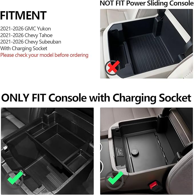 LUWU Console Organizer for 2021-2026 Tahoe & Suburban/GMC Yukon Accessories(ONLY for Standard Console w/Charging Socket) - NOT for Power Sliding Console Center Console Organizer Tray ABS Materials