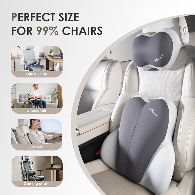 FLORICH Lumbar Support with Car headrest Back Pillow for Chairs Headrest Pillow for Car Ergonomic Ultrathick Memory Foam Back Pillow for Office Chair (Beige Grey)