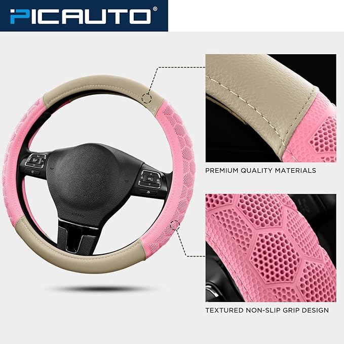 PIC AUTO Massage Steering Wheel Cover, Pink Football Pattern Material Spliced & Beige Leather Car Steering Wheel Cover, Car Steering Cover, Universal Fit 14.5"-15.5" for Cars, Trucks, Van, SUVs