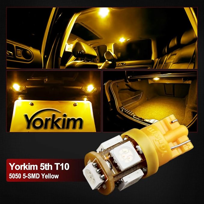 Yorkim 194 LED Bulbs Amber Super Bright 5th Generation, T10 168 LED Bulb, W5W Bulbs for Car Interior Dome Map Door Courtesy License Plate Lights W5W 2825, Pack of 10