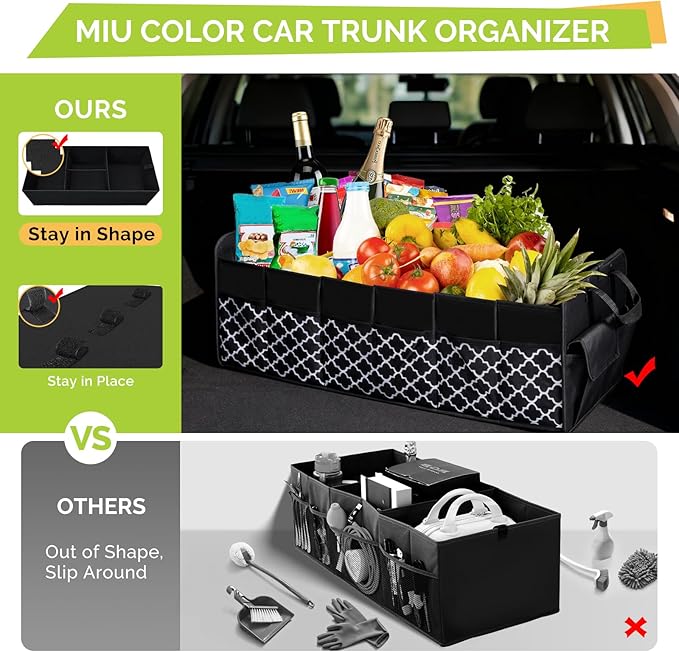 MIU COLOR Trunk Organizer for SUV, Car Organizer, Collapsible Trunk Organizer for Car, Non-Slip Storage Organizer for Sedans, Van, Jeep, Grocery, Large 4 Compartments, Black Grid 32"×13"×12"