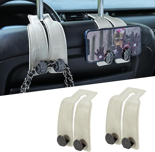 2PCS Leather Car Seat Hooks for Headrest, Vehicle Hanger Storage Organizer Universal for Handbag Purse, Car Accessories Gift (White-Black)