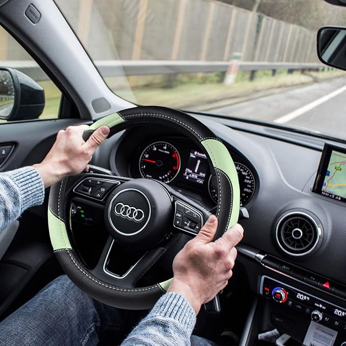 Leather Car Steering Wheel Cover, Non-Slip Car Wheel Cover Protector Breathable Microfiber Leather Universal Fit for Most Cars (Green)