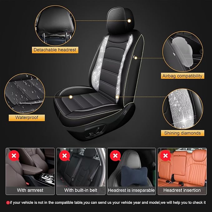 Bling Car Seat Covers Fit for Subaru Legacy 1995-2025 2026: Full Set Waterproof Faux Leather Driver Seat Cover,Comfortable Automotive Seat Cushion All Seasons Seat Protector(5 Seats,Black&Diamond)