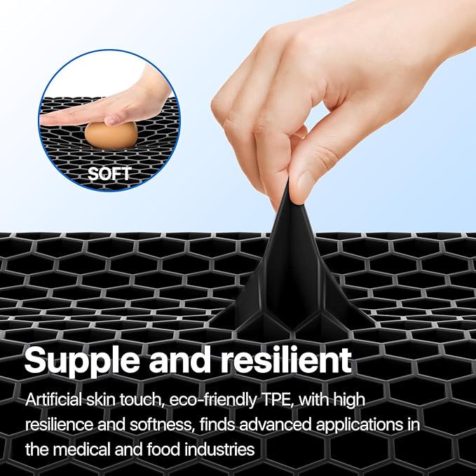 Gel Seat Cushion, Cooling Thick Big Breathable Honeycomb Design Absorbs Pressure Points Seat Cushion with Non-Slip Cover for Office Chair Home Cars Wheelchair