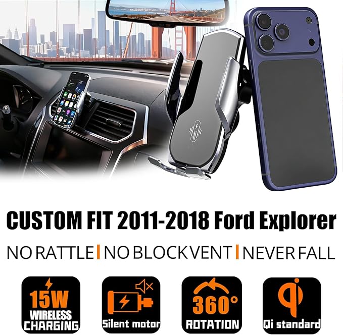 Car Phone Mount for Ford Explorer 2011–2019, 15W Wireless Fast Charging Auto-Clamping Vent Phone Holder, One-Hand Operation, Hands-Free, 360° Adjustable, Without Blocking Airflow