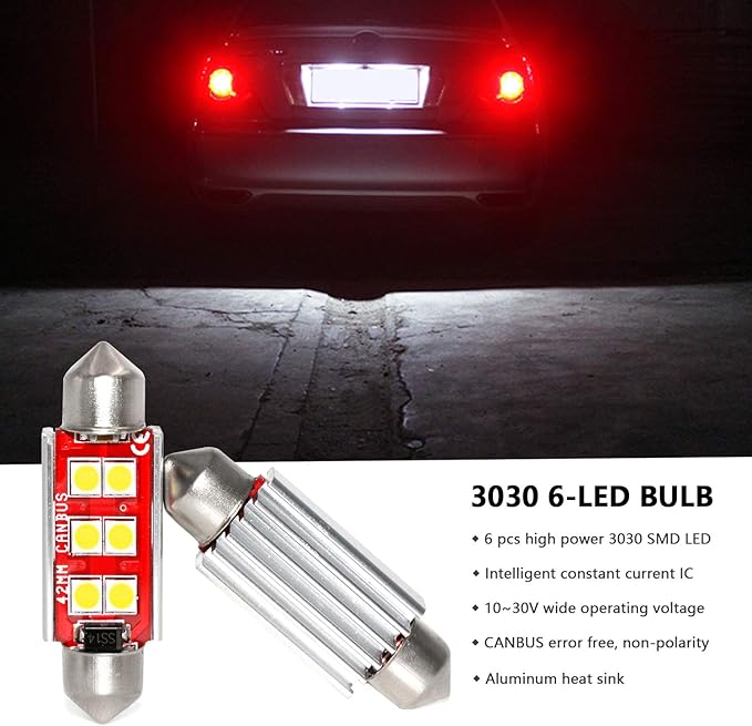 PHINLION 578 LED Bulb White 500 Lumens Super Bright 3030 6-SMD Festoon 41mm 42mm 211-2 212-2 LED Bulbs for Car Interior Map Dome Reading Trunk Courtesy Lights, Non-polarity, Pack of 4