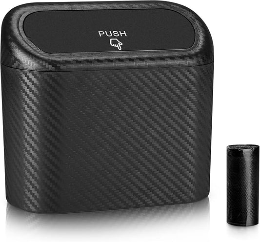 Accmor Car Trash Can with Lid, Mini Vehicle Trash Bin Portable Car Dustbin Garbage Organizer Holder with One Roll Trash Bag, Small Hanging Leakproof Auto Storage Bag Container (Carbon Fiber)