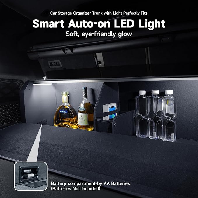 Car Trunk Storage Organizer with Light, Waterproof Trunk Organizer with Lid & Sturdy Handle, Leather SUV Cargo Storage Box Powered by 4 AA Batteries (Batteries Not Included) (37 inch)