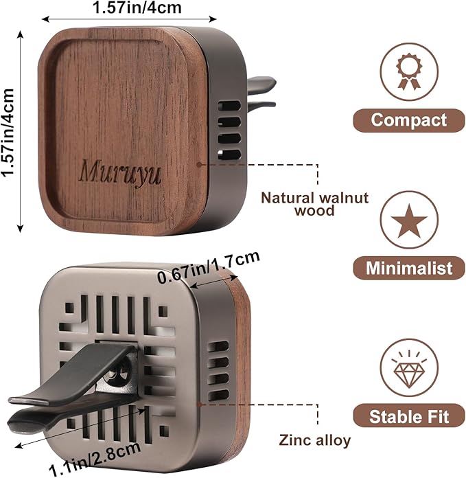 Car Diffuser, Walnut Wood & Zinc Alloy with Magnetic Closure, Refillable DIY Scent Personalization, Elegant Car Air Freshener Vent Clip for Drivers (Essential Oils Sold Separately)