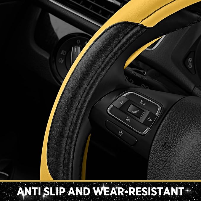 Road Comforts Leather Steering Wheel Cover - Made with PVC Leather - Anti-Slip, Universal Fit 14 1/2 inches to 15 inches - Yellow