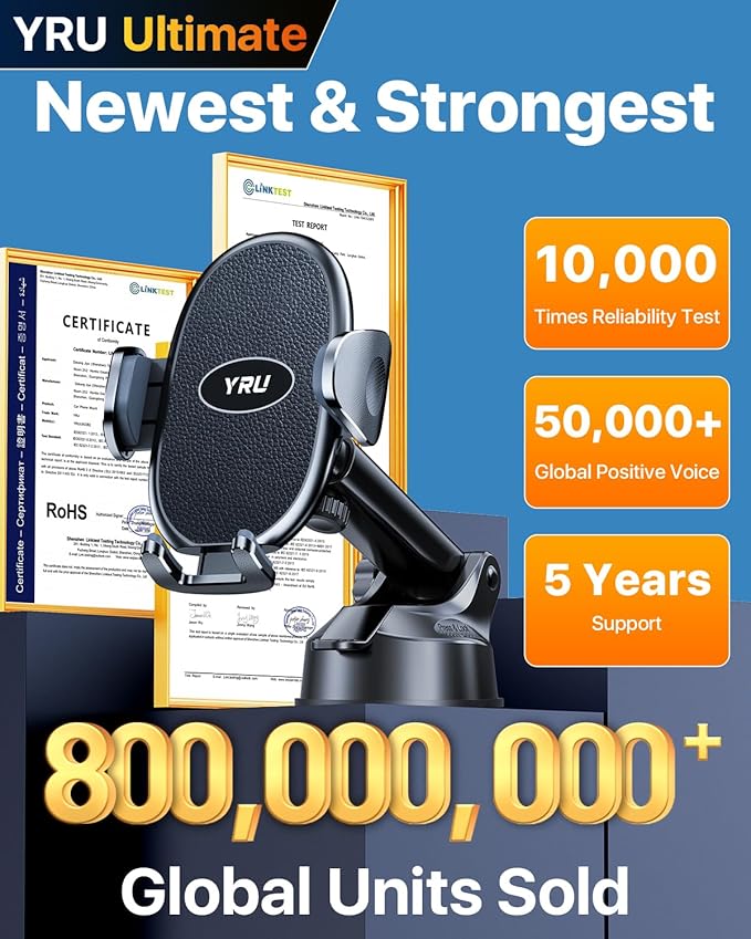 YRU Upgraded Universal Car Phone Holder Mount【360°Rotatable & Strong Suction】 Cell Phone Car Dashboard Windshield Phone Holder Dash Vent Stand for iPhone 17 16 Pro Max Samsung Truck, Black