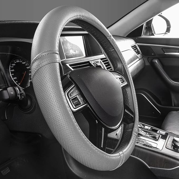 Car Pass Classical Leather Automotive Universal Steering Wheel Covers,Universal Fit for Suvs,Trucks,Sedans,Cars,Vans,14.5-15inch Anti-Slip Safety Comfortable Desgin(Gray)