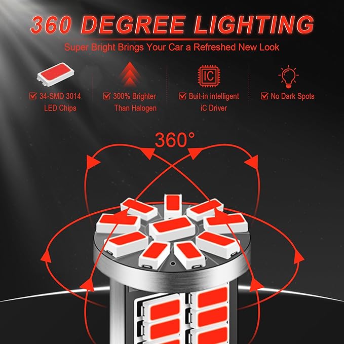 10Pcs Super Bright 194 T10 168 2825 W5W 34-SMD 3014 Chipsets Replacement LED Bulb for Car Trunk Interior Dome Map Door Courtesy License Plate Lights - Brilliant Red