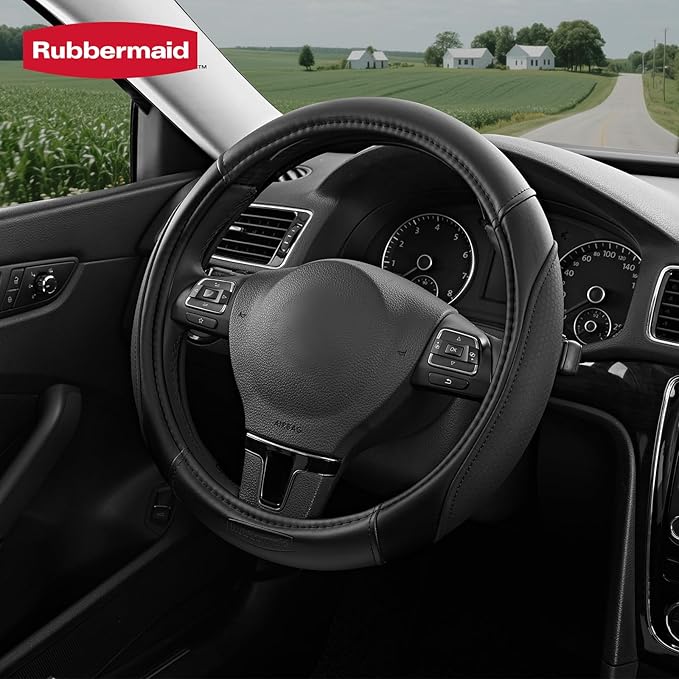 Rubbermaid Steering Wheel Cover – Universal Fit 14.5"–15" Steering Wheel Cover, Anti-Slip Grip, Breathable Leather, All-Season Protection, Interior Upgrade for Cars, Trucks, SUVs - Black