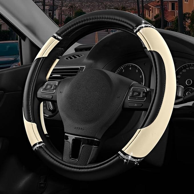 Road Comforts Leather Steering Wheel Cover - Made with PVC Leather - Anti-Slip, Universal Fit 14 1/2 inches to 15 inches - Milky White