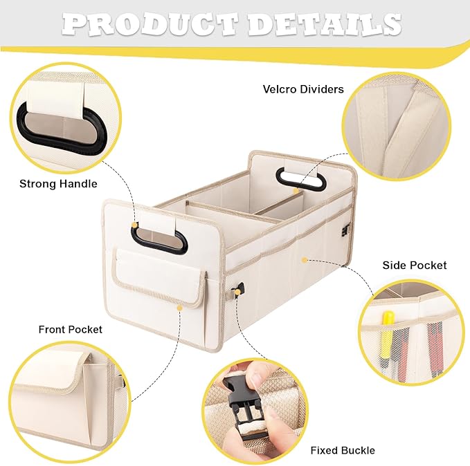 JiatuA Car Trunk Organizer, Car Organizers and Storage Collapsible Multi Compartment Container Box, Adjustable Car Accessories for SUV Sedan Truck, Large Size, Beige