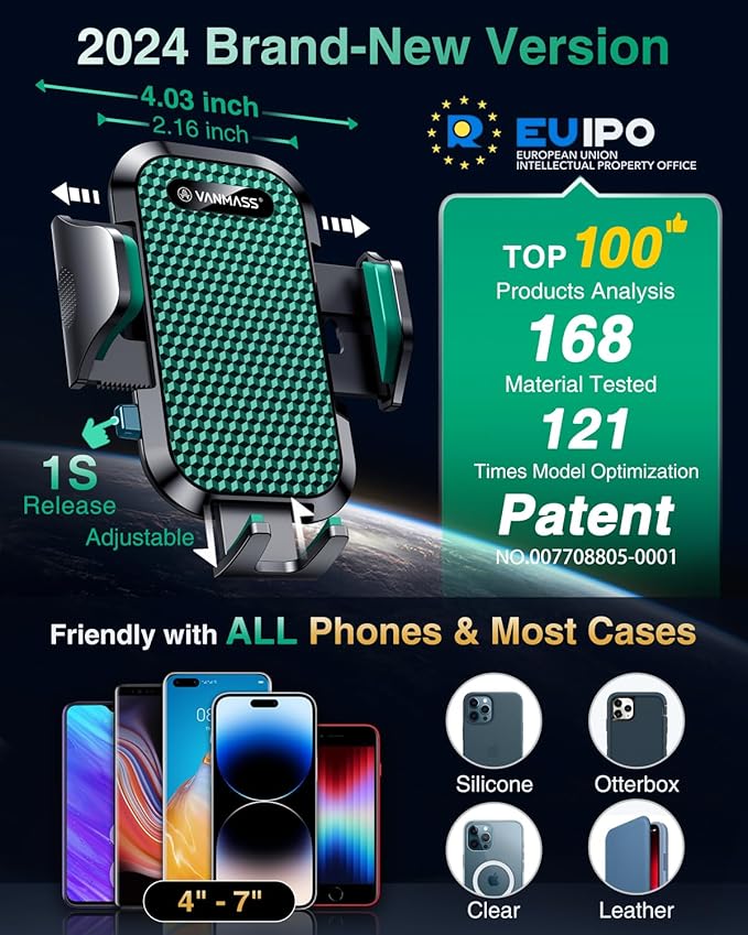 VANMASS [True Military-Grade] Car Phone Holder [Strongest Suction & Clip] Cell Phone Mount for Dashboard Windshield Vent Truck Accessories Cradle Dash Stand for iPhone 15 14 13 12 Android,Green