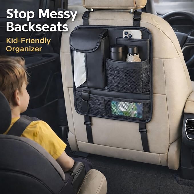 Car Seat Back Organizer with 5 Pockets, Backseat Storage Organizer for Travel, Water-Resistant, Easy Install, Keeps Car Tidy