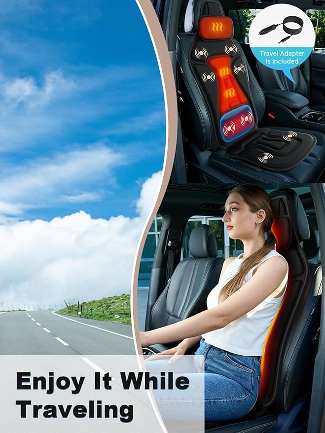 Vibration Back Massager for Chair with Heat, Massage Chair Heating Pad with Lumbar Traction, Seat Massager for Seniors, Office Workers & Family, Fatigue & Pain Relief in Office, Home & Travel