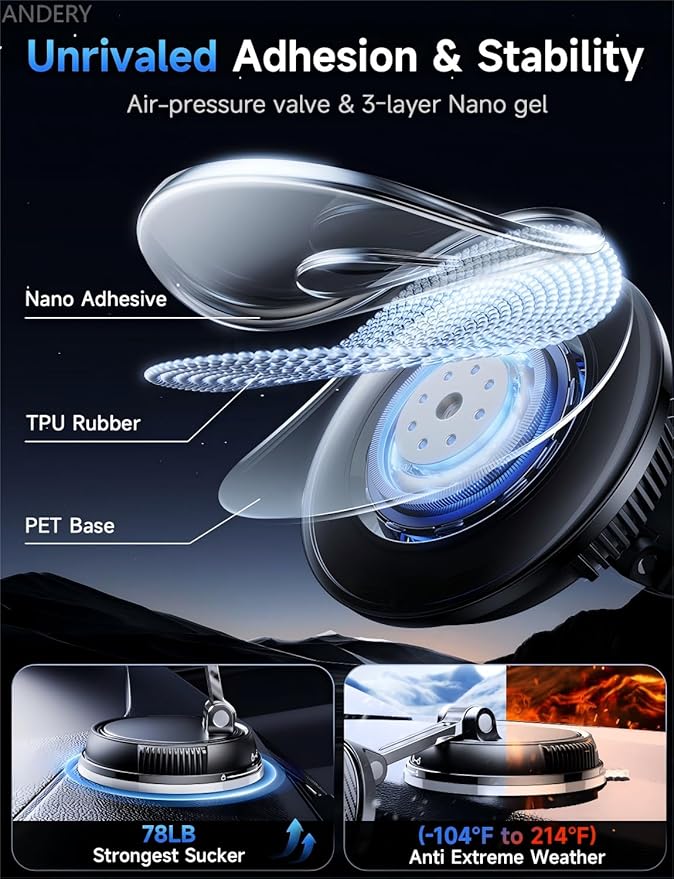 ANDERY Only for iPhone Magsafe Car Mount Charger [15W Wireless Faster Charging, 78+LBS Strongest Suction, 2400gf Strongest Magnetic] 360° Adjustable Car Phone Holder, Valentine's Day Gifts for Him Her