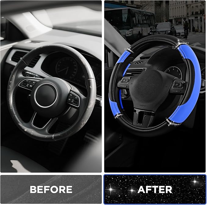 Road Comforts Leather Steering Wheel Cover - Made with PVC Leather - Anti-Slip, Universal Fit 14 1/2 inches to 15 inches - Blue