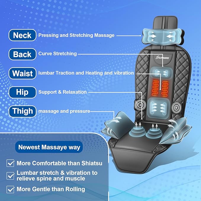 Back Massager with Heat & Traction & Vibration, Seat Massager Pad for Pain Relief Deep Tissue, Lumbar Traction, PU Leather, Foldable, for 5’ to 6’1”, Massage Chair Pad for Office Home