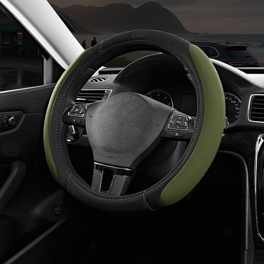 Skechers Steering Wheel Cover, Memory Foam Car Steering Wheel Cover,14.5-15inch Anti-Slip Safety Comfortable Desgin, Universal Accessory for Diverse Cars, Truck,SUV (Black & Olive)