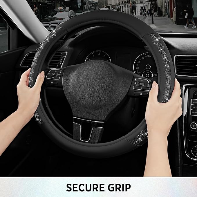 Road Comforts Steering Wheel Cover, Glitter Bling Leather Wheel Cover, Universal Fit 14.5"-15.5" Steering Wheels for Women & Girls, Anti-Slip Car Wheel Protector for Cars, Trucks, Vans, SUVs-Black