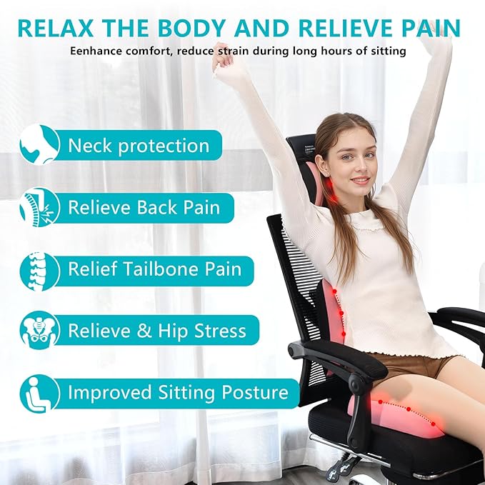 FLORICH 3 PCS Seat Cushion for Carseat Lumbar Support Pillow Car Neck Headrest Pillows Memory Foam Gel Memory Foam Massage Point Seat Pads Pressure Relief Back Cushion for Office Chair(Light Pink)