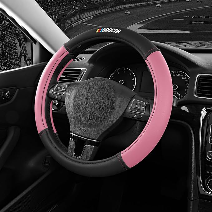 NASCAR Steering Wheel Cover, Two-Tone Pink Leather Patchwork, Universal Fit 14.5"-15.5" Steering Covers for Cars, Anti-Slip, Soft Grip, Odor-Free, Trucks & SUVs, Racing Style Interior Upgrade