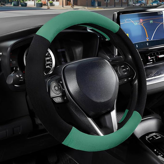 SEG Direct Steering Wheel Cover for Car, Standard Size 14.5-15 inch, Auto Interior Accessories, Warm Plush, Summer Winter, Black and Forest Green
