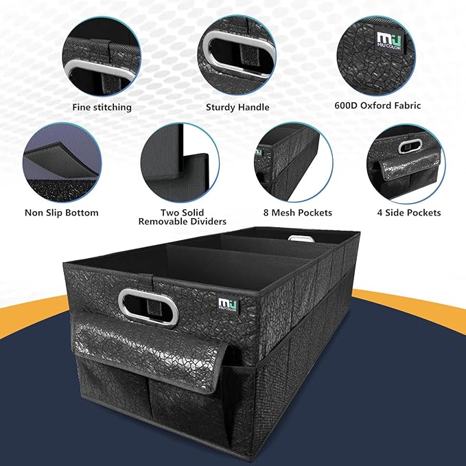 MIU COLOR Trunk Organizer for SUV, Sturdy Car Organizer, Non-Slip Bottom, Folded Storage Organizer for Sedan, Van, Jeep, Grocery, Car Accessories, Large 3 Compartments, Art Black,32"×13"×10.6"