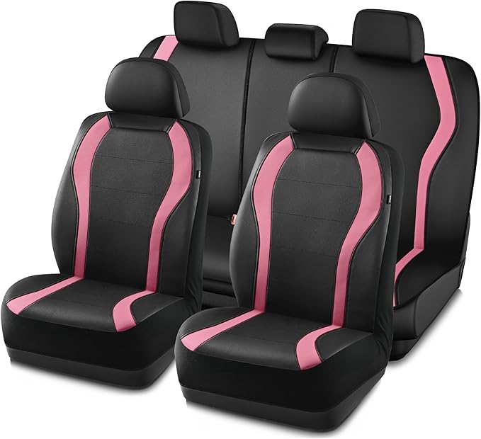 PIC AUTO Leather Car Seat Covers, Premium Automotive Waterproof Front & Rear Full Set Bucket Car Seat Protectors, Black and Pink PVC Patchwork, Fits for Cars, Trucks, Van, SUV, Airbag Compatible