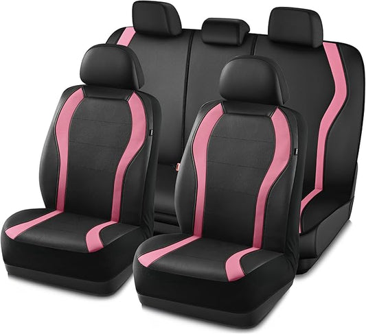 PIC AUTO Leather Car Seat Covers, Premium Automotive Waterproof Front & Rear Full Set Bucket Car Seat Protectors, Black and Pink PVC Patchwork, Fits for Cars, Trucks, Van, SUV, Airbag Compatible