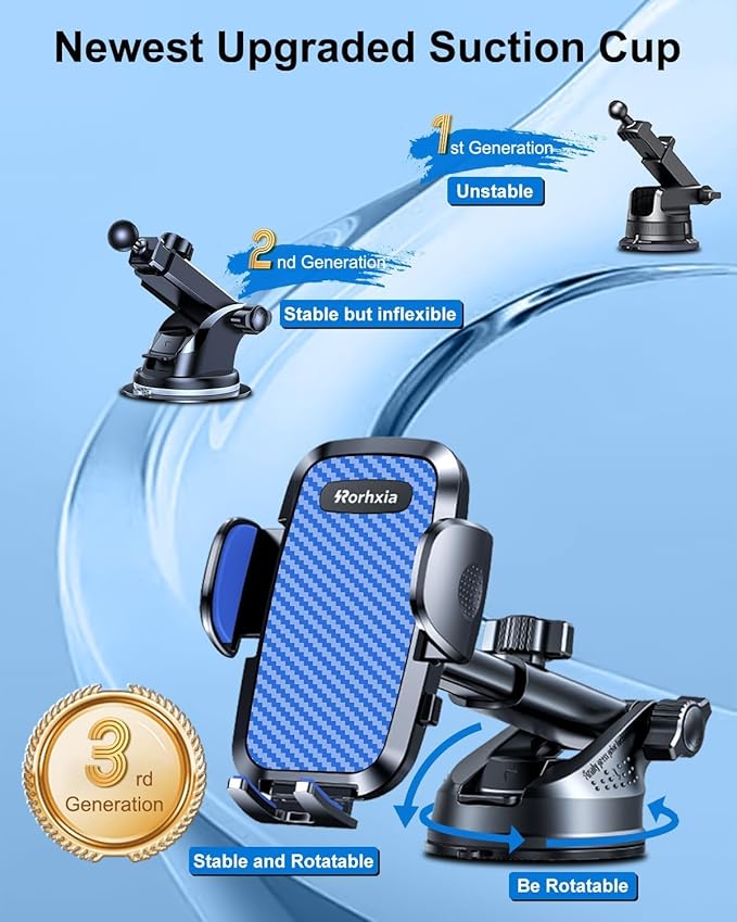 Blue 3-in-1 Phone Mount for Car [2025 Most Stable and Flexible Suction Cup] Vent Dashboard Windshield Cell Phone Holder Car Fit for iPhone, Samsung, All Phone
