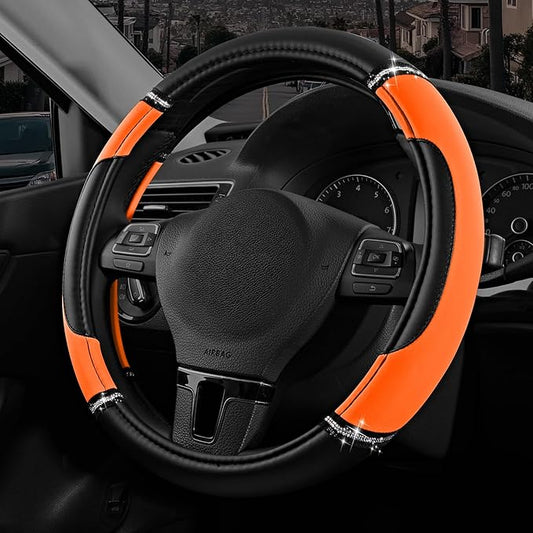 Road Comforts Leather Steering Wheel Cover - Made with PVC Leather - Anti-Slip, Universal Fit 14 1/2 inches to 15 inches - Orange