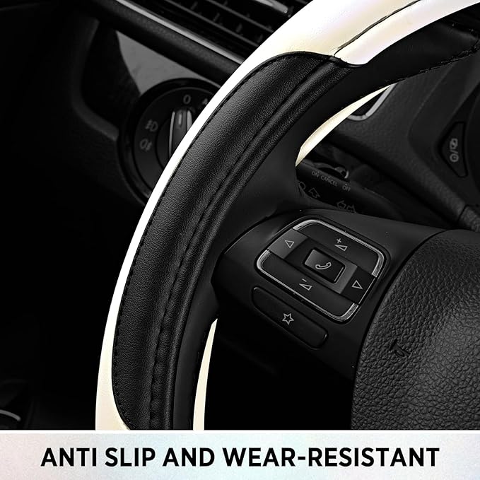 Road Comforts Leather Steering Wheel Cover - Made with PVC Leather - Anti-Slip, Universal Fit 14 1/2 inches to 15 inches - White