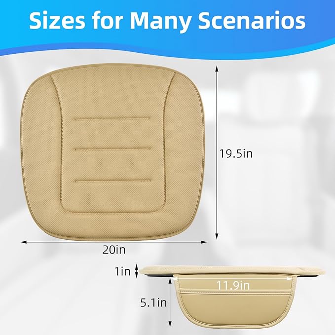KAYI Car Seat Cushion, Comfort Memory Foam Car Cushions for Driving, Breathable Leather Surface with Anti Slip Rubber Bottom, Seat Cushion for Car and Office Chair (2 Pack, Beige)